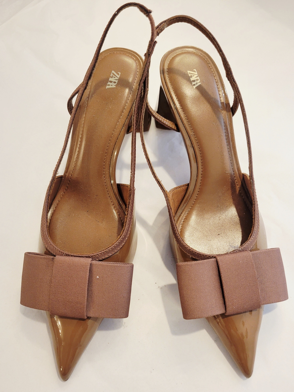 Zara Taupe Pointed Patent Leather Slingback Heels with Bow